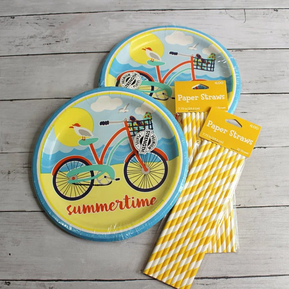 Bicycle Paper Plates Party Supplies Summer Time Birthday Picnic Beach Lot